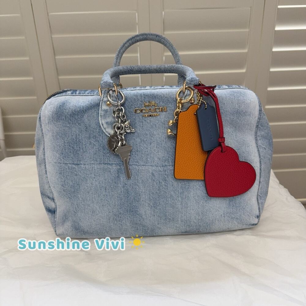 NWT Coach LARGE Rowan Satchel Bag in Loved Denim With Charms CDY75
